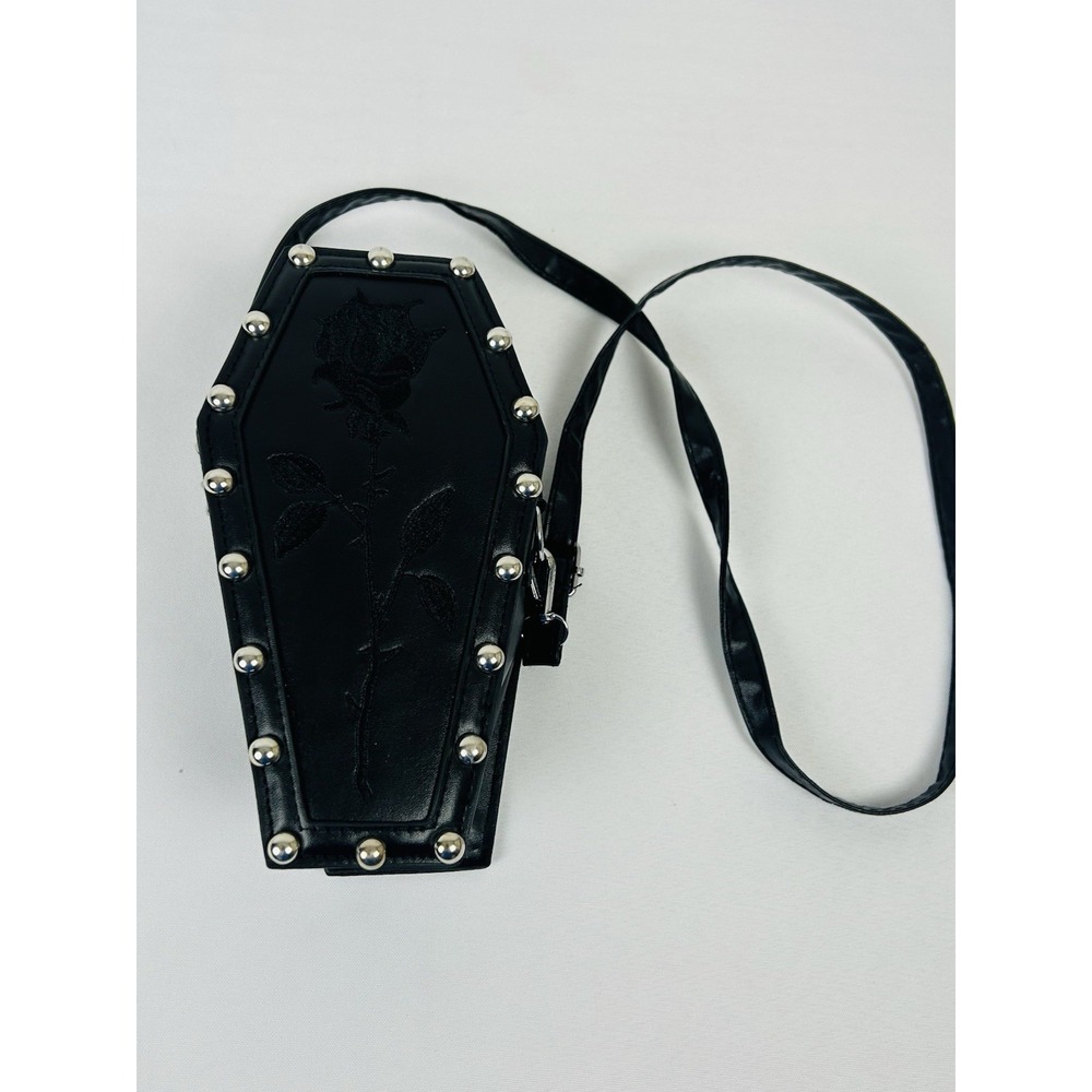 Black Coffin Shoulder Bag Rose Embroidery Studded Gothic Faux Leather Small